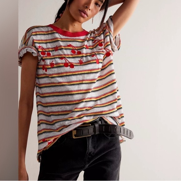 Free People Tops - We The Free Cherri Tee Sz M Linen Blend Striped Raw Hem Slouchy Boxy Oversized